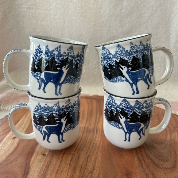 Tienshan Other - 🌶️ Set Of 4 Stoneware Wolf Mugs, 8oz, Blue & White Spongeware
